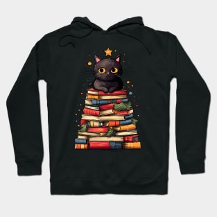 Black Cat Bookworm Christmas Tree Books Hoodie